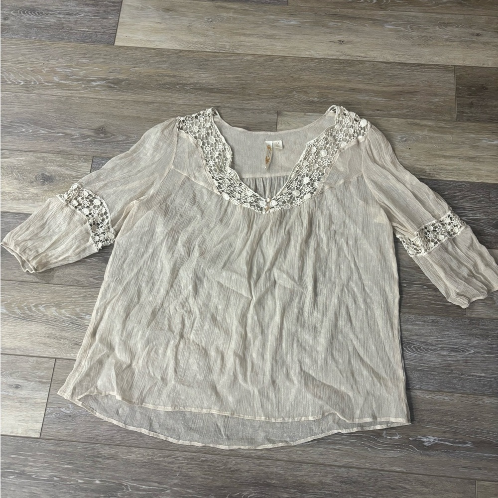 Adiva Blouse Sz 1X Cream Sheer Crochet Peasant Fairy Cottagecore Boho Prairie